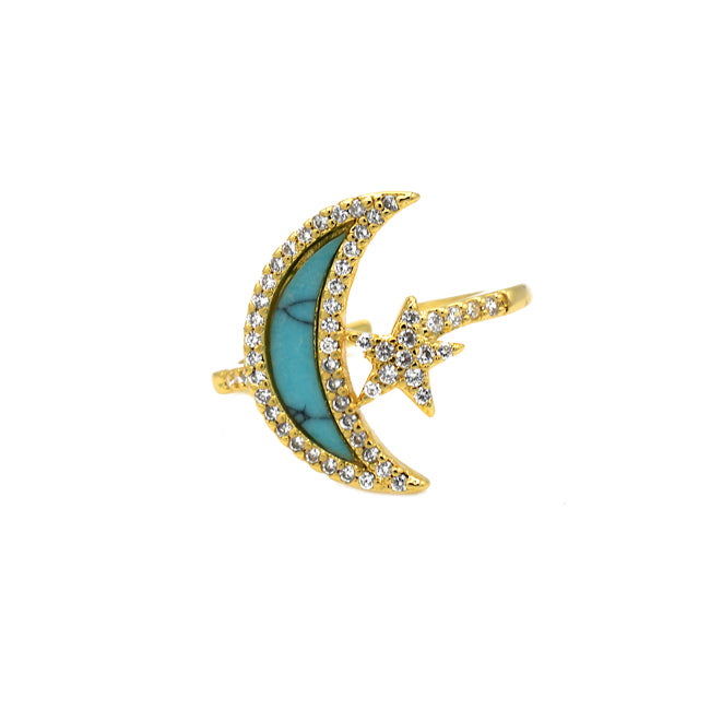 Gold & Turquoise Crescent Moon Adjustable Ring