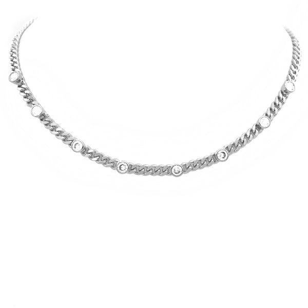 Silver Linked Chain Necklace with Cubic Zirconia Stations