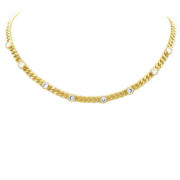Gold Linked Chain Necklace with Cubic Zirconia Stations