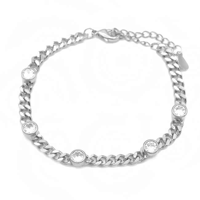 Silver Linked Chain Bracelet with Cubic Zirconia Stations