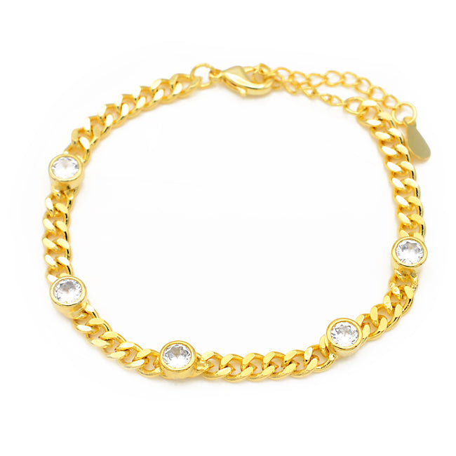 Gold Linked Chain Bracelet with Cubic Zirconia Stations