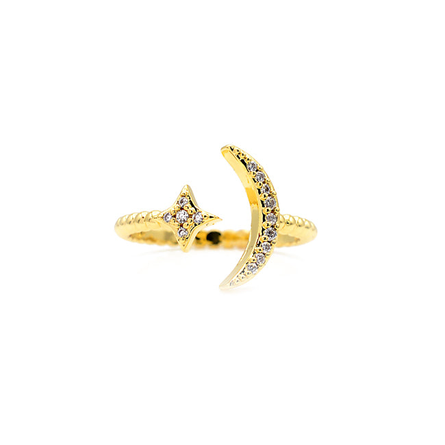 Gold Cubic Zirconia Adjustable Moon Ring