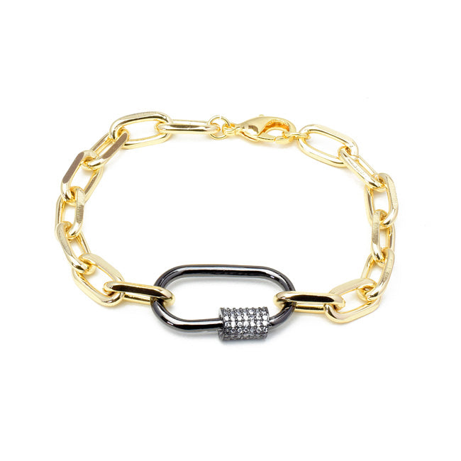Gold Linked Chain Bracelet with Gunmetal CZ Station
