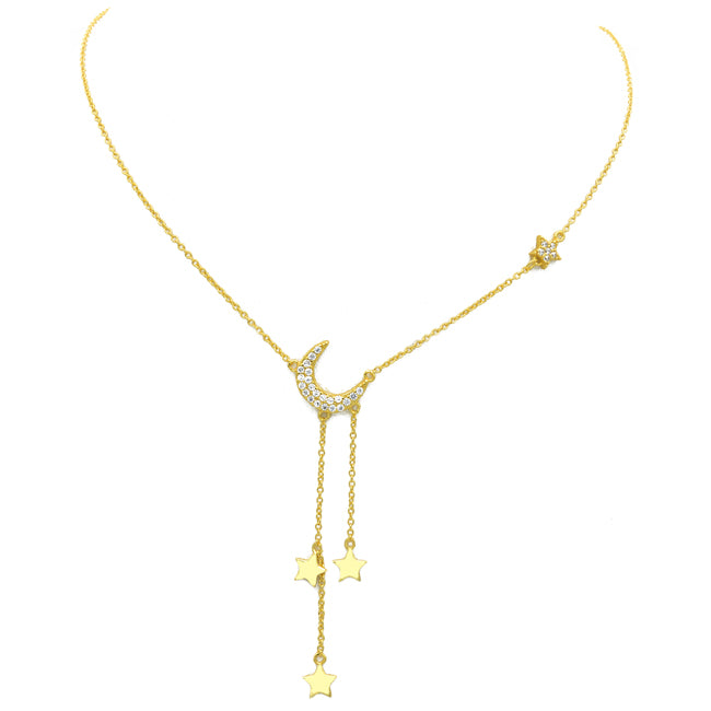 Sterling Silver Gold Plated CZ Moon & Stars Necklace