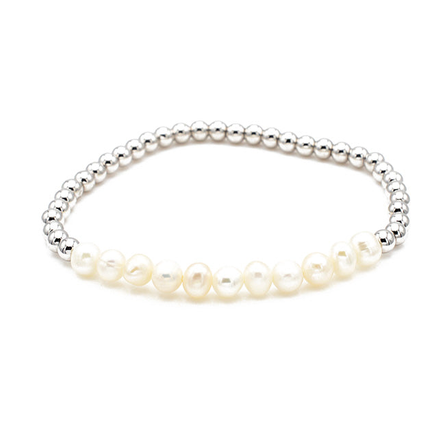 Silver Plated Beaded Stretch Bracelet with Fresh Water Pearls