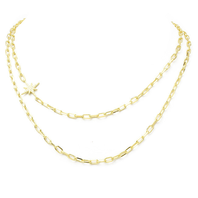 Gold cz Linked Chain starburst Necklace 