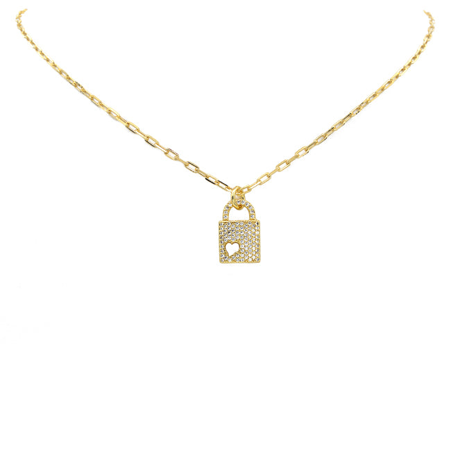 Gold Filled Cubic Zirconia Lock Pendant Necklace