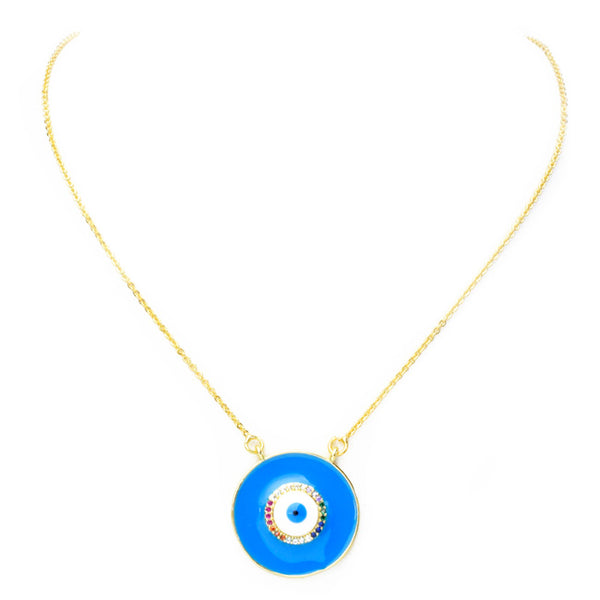 Gold Multi Color CZ Round Eye Pendant Necklace