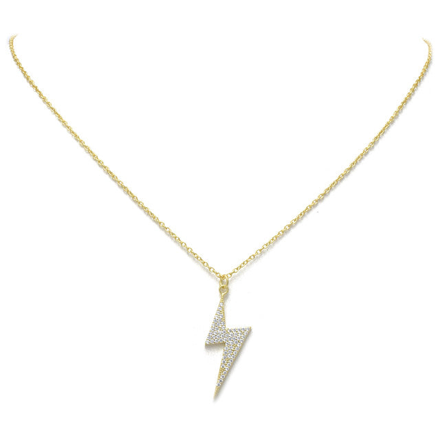 Sterling Silver Gold Plated CZ Lightening Bolt Pendant Necklace