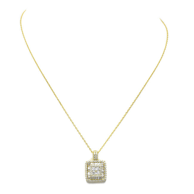 Sterling Silver Gold Plated CZ Pave Square Pendant Necklace
