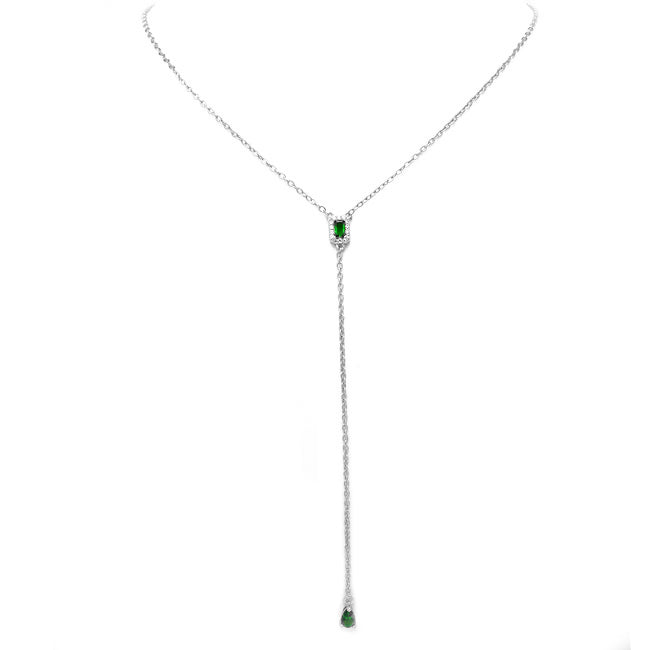 Silver Y Shaped Necklace with Emerald Green CZ Drop Pendant