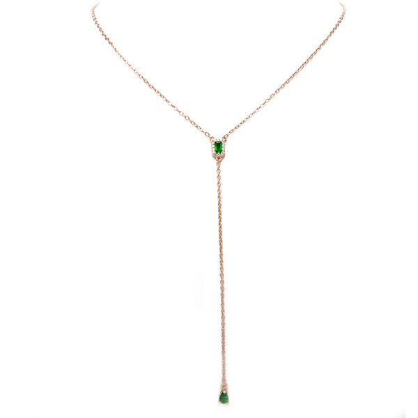 Rose Gold Y Shaped Necklace with Emerald Green CZ Drop Pendant