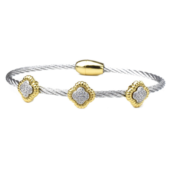 Two Tone CZ Pave Clover Magnetic Bracelet