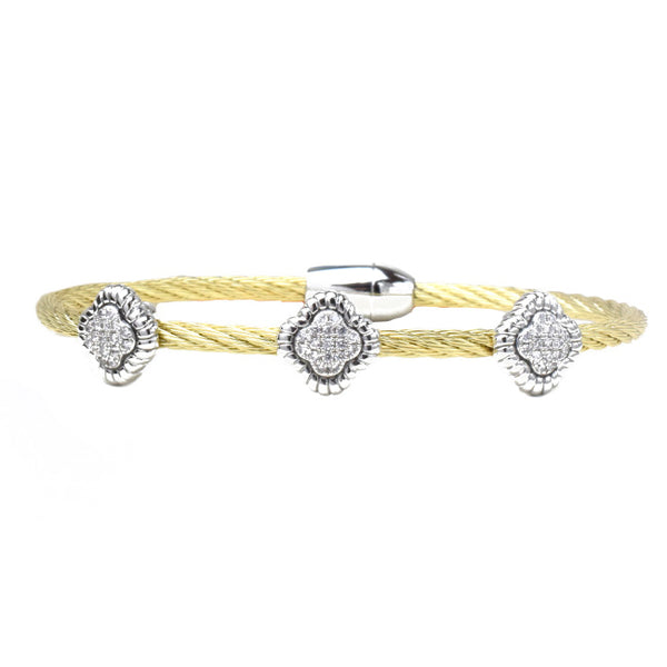Two Tone Twisted Cable Bracelet with CZ Clover Stations
