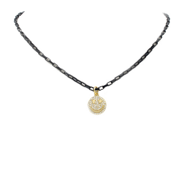 Black Chain with CZ Happy Face Pendant Necklace