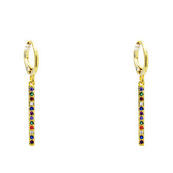 Gold Multi Color CZ Bar Dangle Earrings