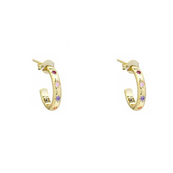 Gold Multi Color Cubic Zirconia Starburst Hoop Earring