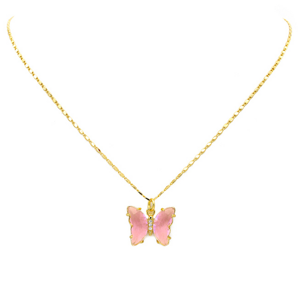 Gold & Pink Crystal Butterfly Pendant Necklace