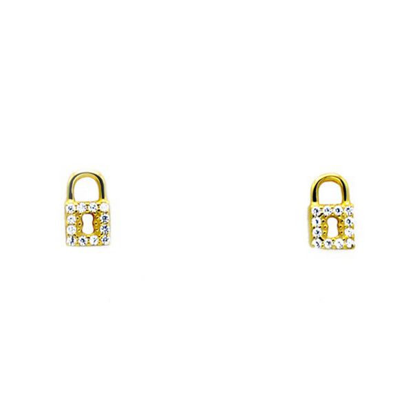 Sterling Silver Gold Plated CZ Lock Stud Earrings
