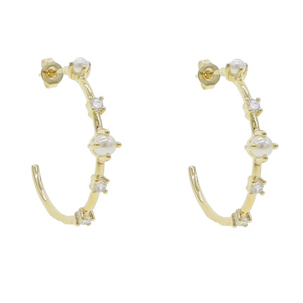 gold cz pearl hoop earring