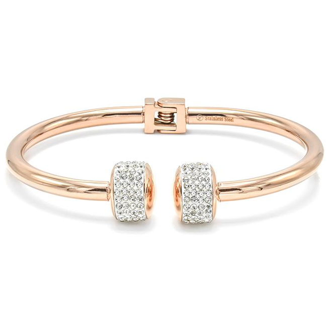 Rose Gold Stainless Steel Cubic Zirconia Pave Open Cuff Bracelet