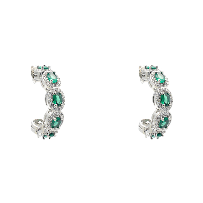 Silver Emerald Green Cubic Zirconia Hoop Earrings