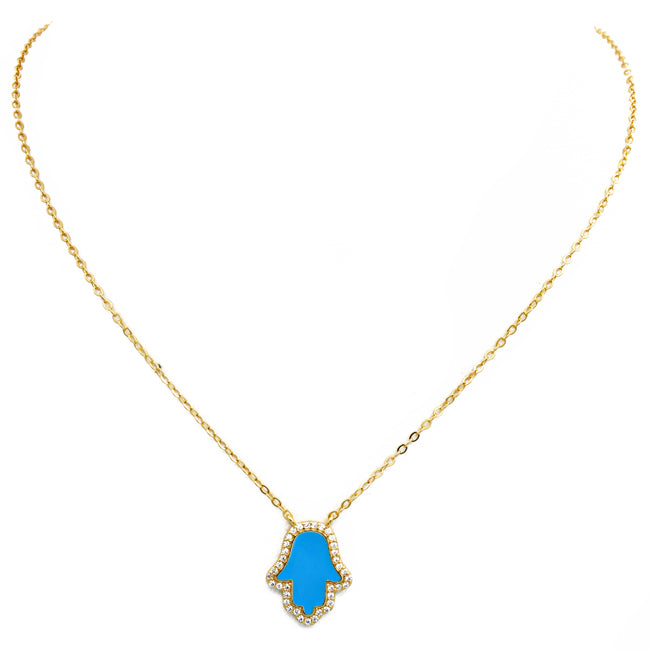Sterling Silver Gold Plated CZ Hamsa Pendant Necklace