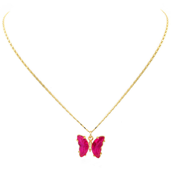 Gold & Fuchsia Crystal Butterfly Pendant Necklace