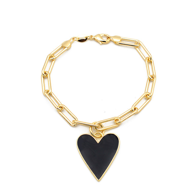 Gold Filled Paper Clip Bracelet with Enamel Heart Charm