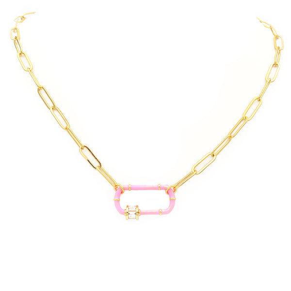 Gold Linked Chain Necklace with Pink CZ Station