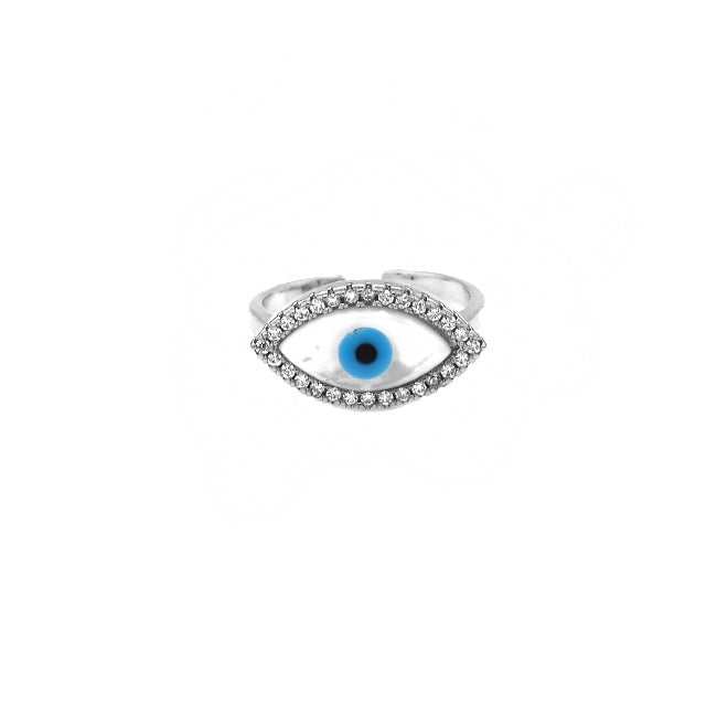 Silver Cubic Zirconia Evil Eye Adjustable Ring