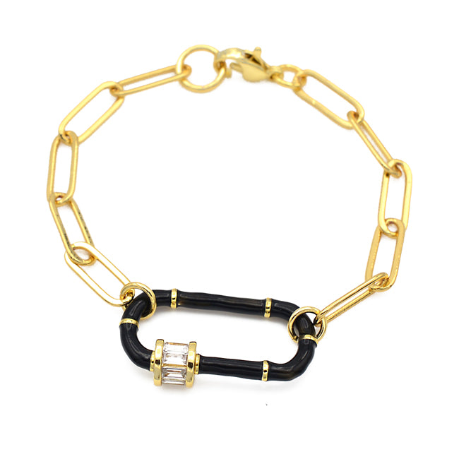 Gold Linked Chain Bracelet with Black CZ Station