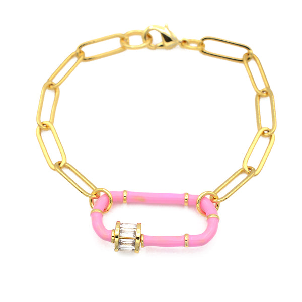 Gold Linked Chain Bracelet with Pink CZ Station
