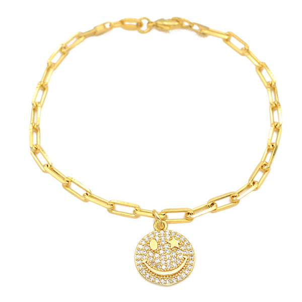 Gold Filled Cubic Zirconia Happy Face Chain Bracelet