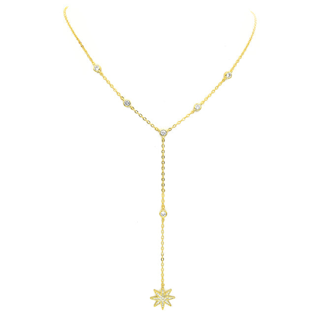 Gold Cubic Zirconia Pave Starburst Y Shape Necklace