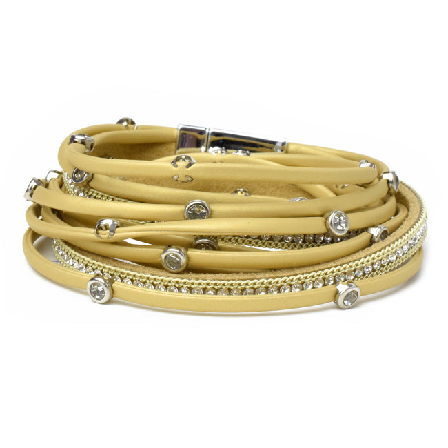Mustard Vegan Leather Wrap Bracelet with Crystals