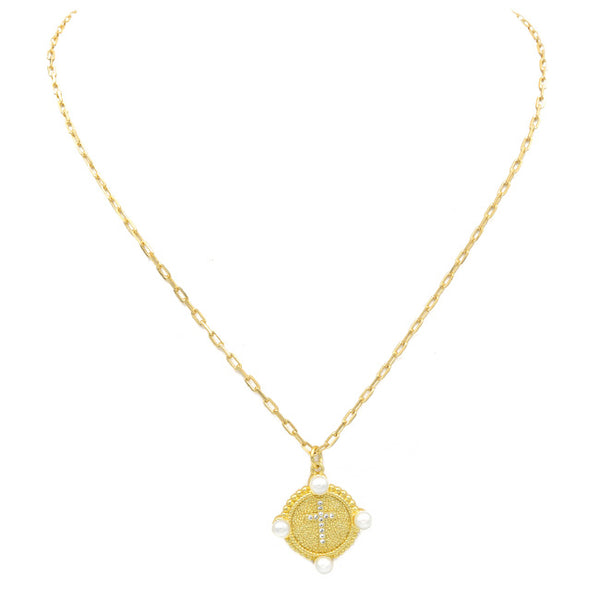 Gold Filled CZ Cross Pendant Necklace with Pearls