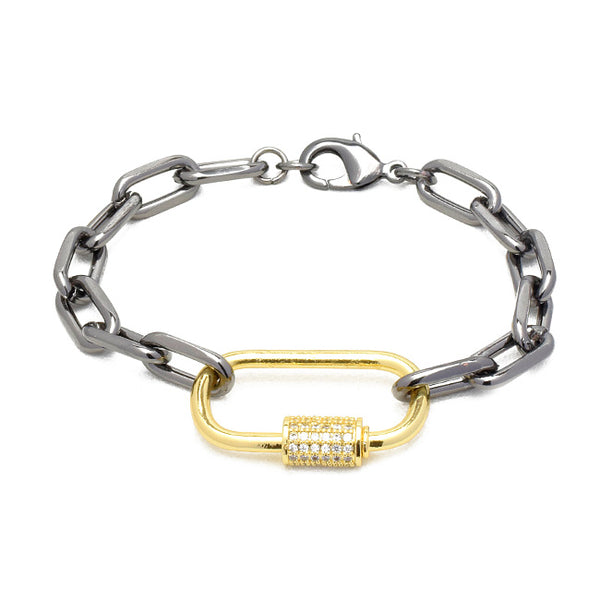 Gunmetal Linked Chain Bracelet with Gold CZ Station