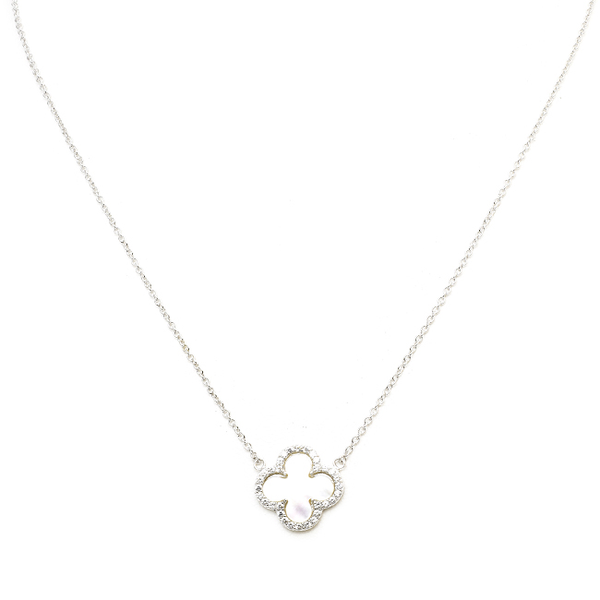 Sterling Silver Pearl CZ Clover Necklace