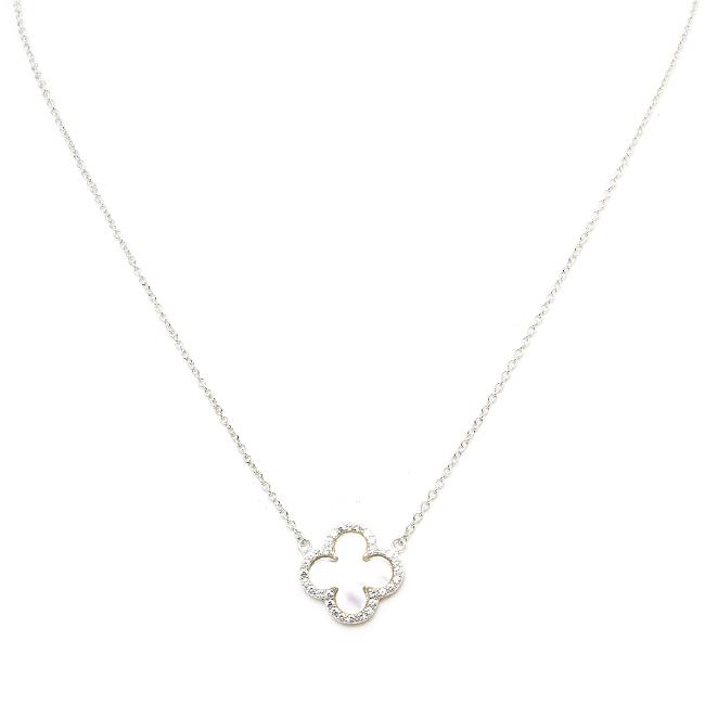 Sterling Silver Pearl CZ Clover Necklace