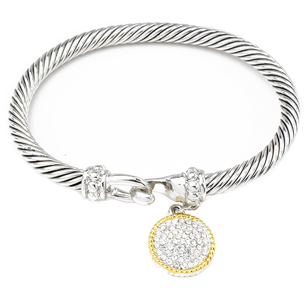 Two Tone Twisted Cable Bracelet with CZ Pave Charm