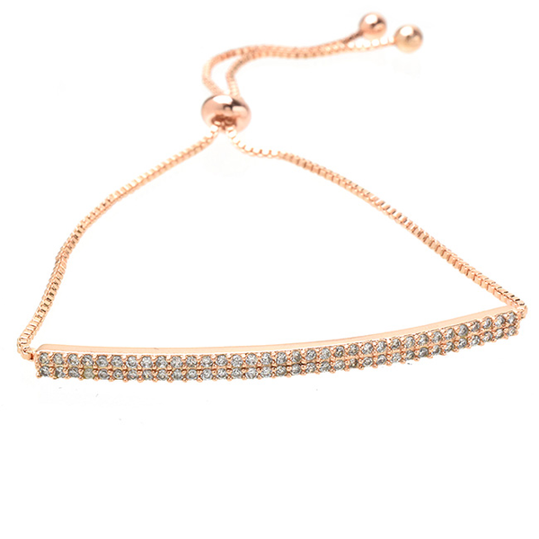 Rose Gold Double Row Pave Bar Cubic Zirconia Pull Tie Bracelet