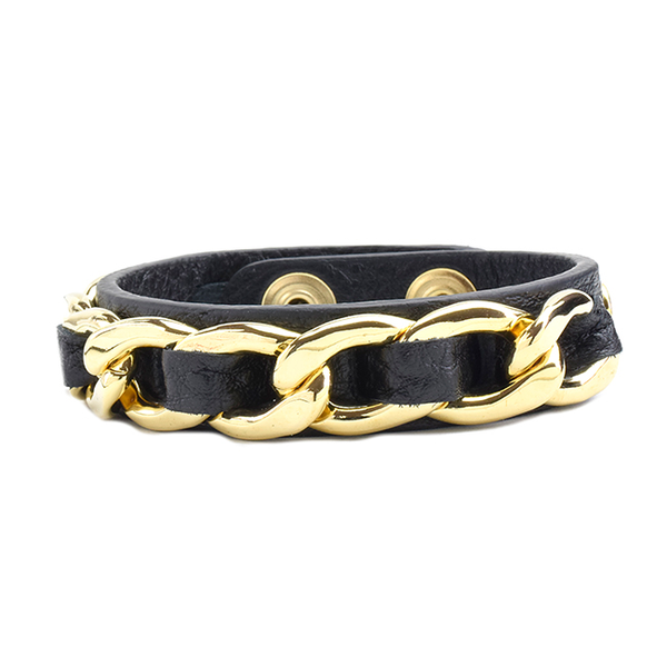 Black Adjustable Leather Snap Bracelet with Chain