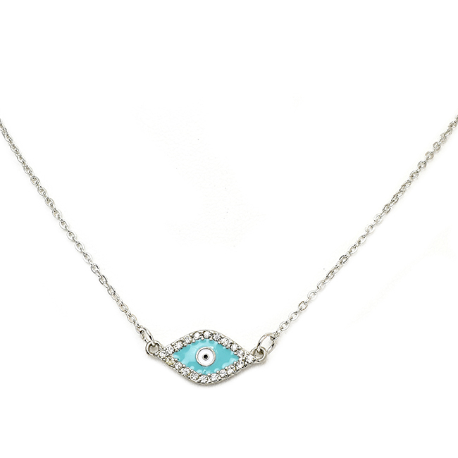 Silver Chain Necklace with Turquoise Evil Eye Crystal Pendant