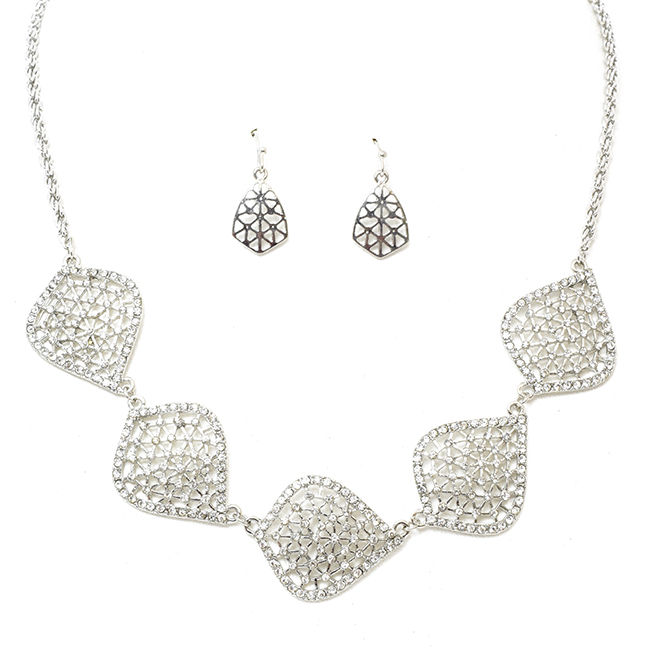 Silver Tone Necklace Set w/ Oval Filigree & Crystal Stations