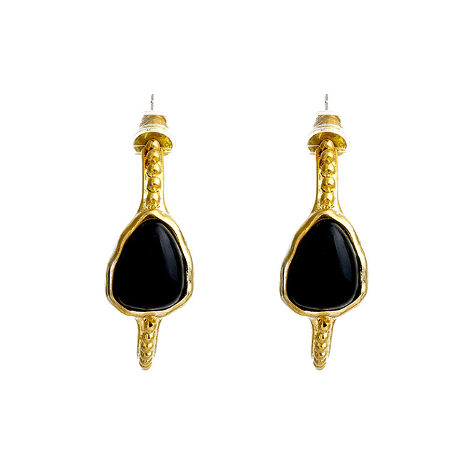 Gold Hoop Earrings with Onyx Center Stone