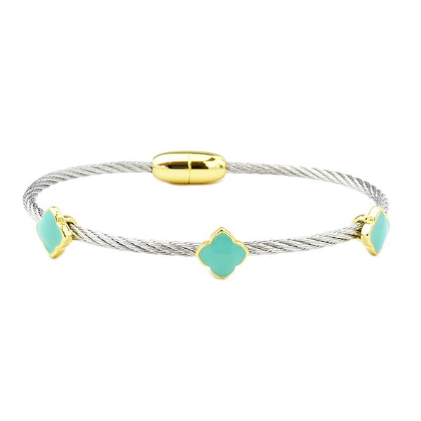Two Tone Twisted Cable Bracelet with Enamel Clovers