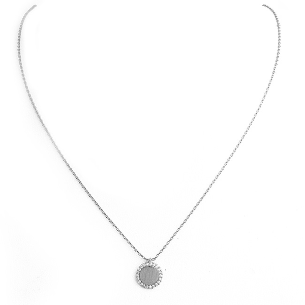 Brushed Silver Cubic Zirconia Round Pendant Necklace