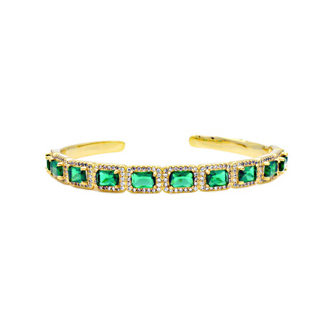 Gold & Emerald Green CZ Open Cuff Bracelet