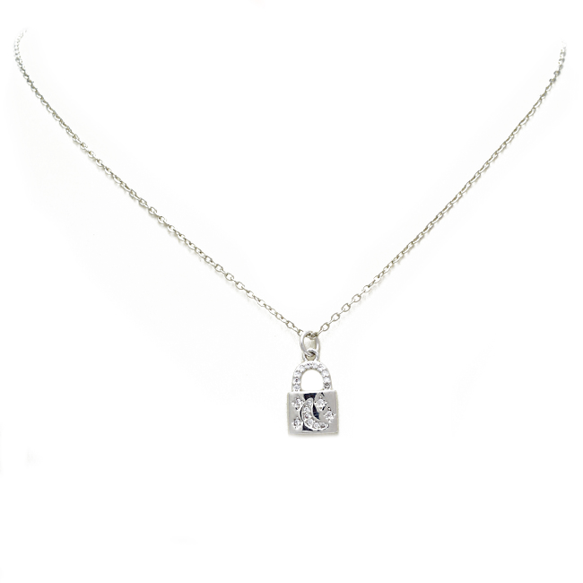 silver cz moon lock necklace